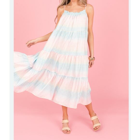 Storia Pastel Gingham Rainbow Midi Dress Size Medium Tired Ruffle - Picture 2 of 9